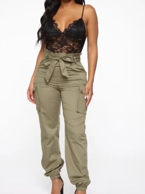 High-Waist Paperbag Cargo Jumpsuit in Olive, With Attatched Lace Cami/